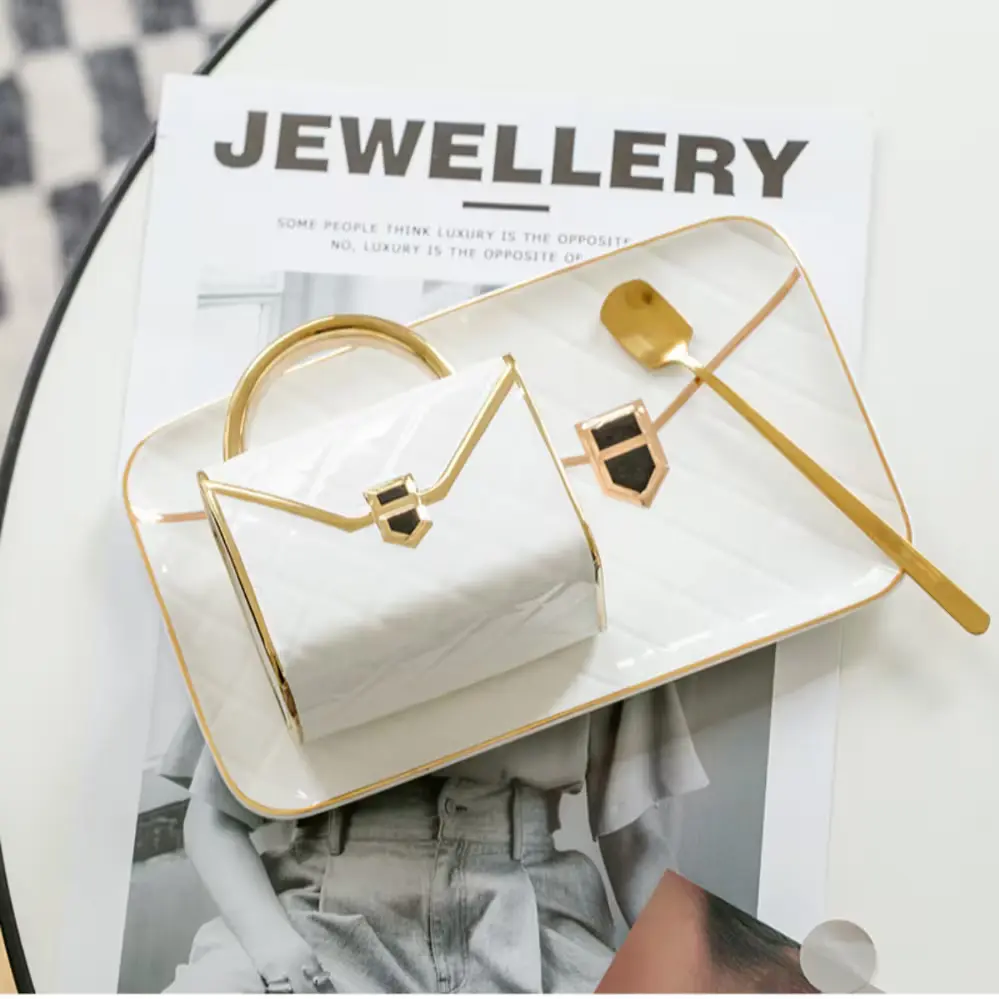 1240 홈카페 고급 럭셔리 가방 머그컵 (트레이+스푼) 세트, 화이트, 1개