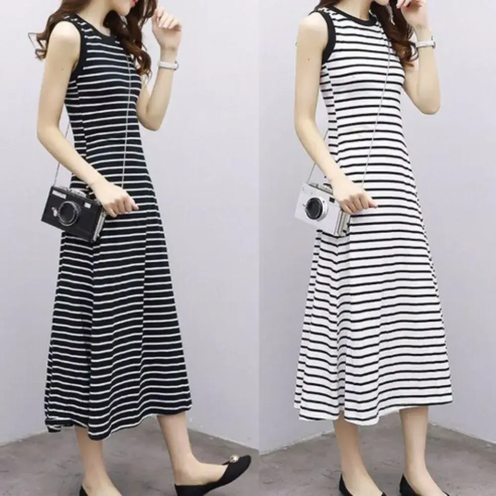 [64번] 루나버블 A 라인 민소매 스트라이프 롱 원피스 2color 여자 여성 성인 단가라 줄무늬 나시 스판 홈웨어