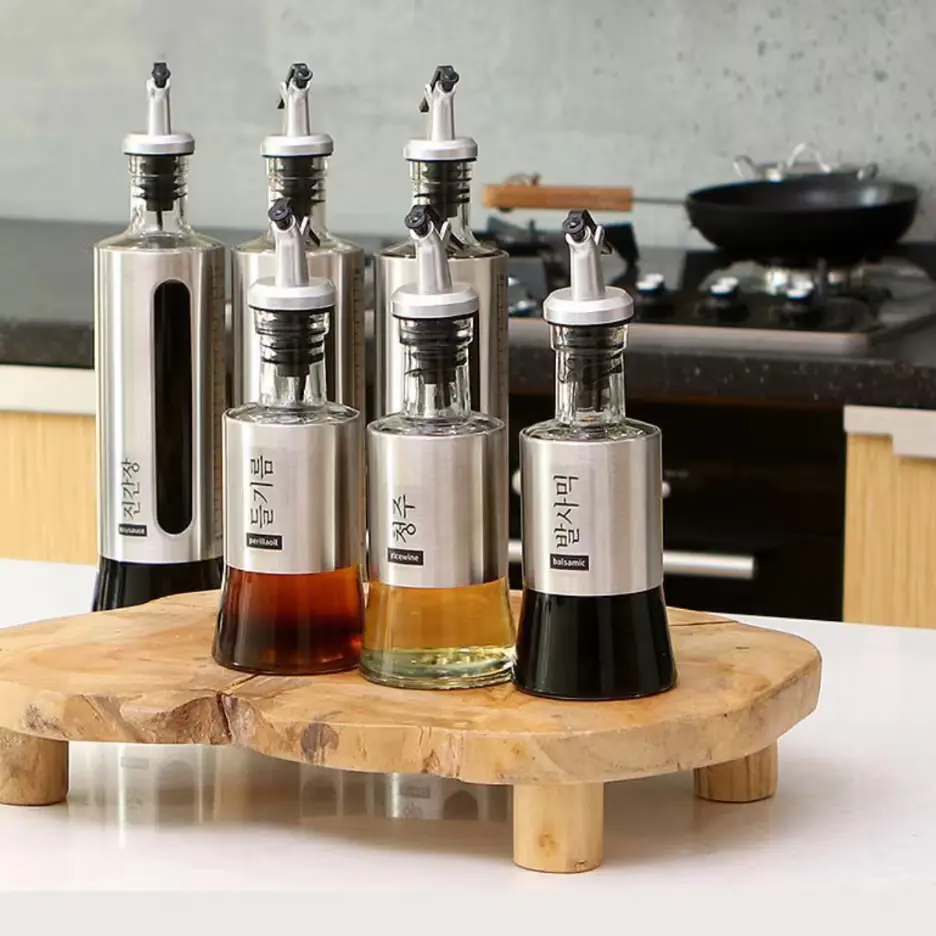 이우아여사 304스텐 유리 오일병 500ml x 2개+ 깔때기 + 13종스티커, 1세트